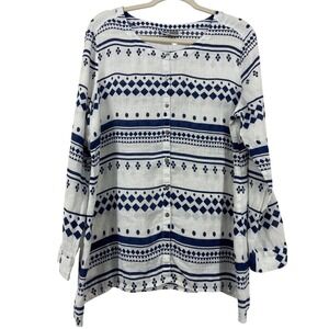 JM Collection Size 14 Button Down Top Linen Blend Blouse White Navy Geometric